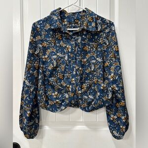 DREW Floral Patterned Blue and Gold Women's Long Sleeve Button Front Blouse